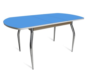 Раздвижной стол ПГ-01 СТ2, дуб молочный/синие стекло/35 хром гнутые металл в Мурманске - предосмотр