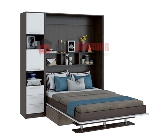 Кровать-шкаф с диваном Бела 1, с полкой ножкой с 1 пеналом, 1600х2000, венге/белый в Мурманске - изображение